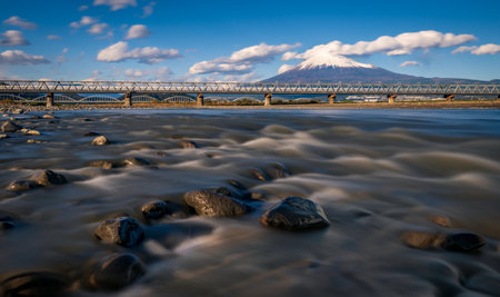 Bullet train passing Mount Fuji and the Fujikawa bridge, Shizuoka, Japanの写真素材