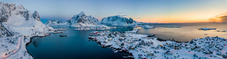 Aerial drone view of Reine Village on the Lofoten Islands in Winter season, Norway