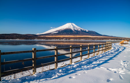 Road to Mt.Fuji with Lake Yamanaka, Yamanashi, Japanの写真素材