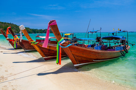 Traditional longtail boat in on Koh Phi Phi Don Island, Krabi, Southern of Thailandの写真素材