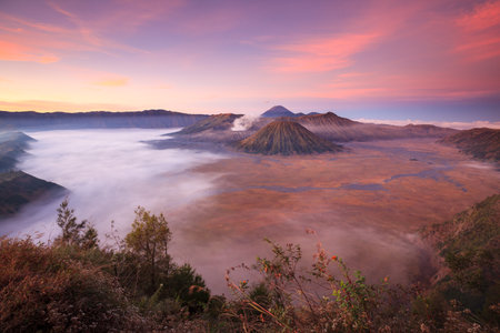 Bromo volcano at sunrise,Tengger Semeru national park, East Java, Indonesiaの写真素材