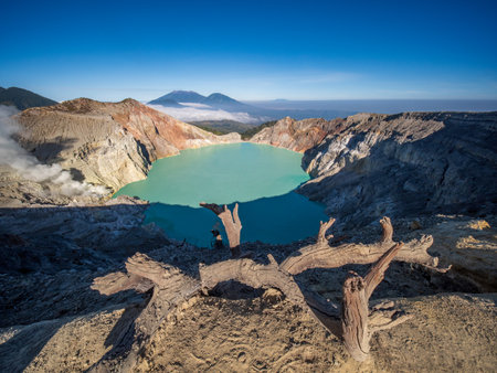 Aerial view of mount Kawah Ijen volcano crater at sunrise, East Java, Indonesia