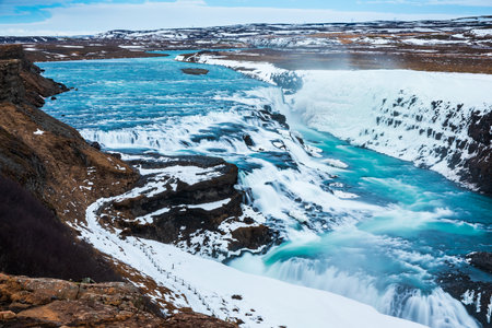 Gullfoss waterfall in Winter(bird's eye view), Icelandの写真素材
