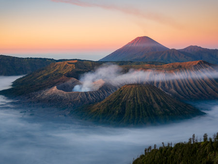 Aerial drone view of Bromo active volcano at sunrise,Tengger Semeru national park, East Java,...