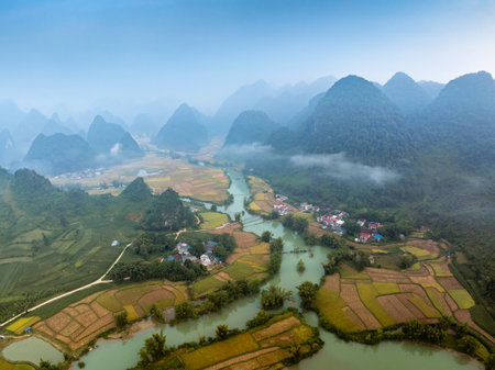 Aerial drone view of rice terrace paddle field around the river at Phong Nam, Trung Khanh, Cao Bang, Vietnamの写真素材