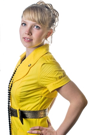 Young beautiful woman in yellow dress  Isolated on whiteの写真素材