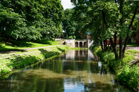 Cascade of water falls and Nizhny down  down  Kaliningrad  Russiaの写真素材