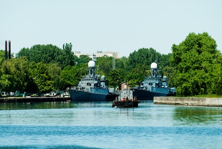 Battle ship docked on pier in Baltiysk  Russia  2009 June 29