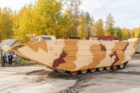 Nizhniy Tagil, Russia - September 25  2013  Tracked amphibious carrier PTS-4 move on the demonstration range  RAE-2013 exhibitionのeditorial素材
