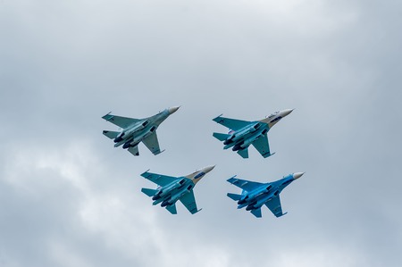 Nizhniy Tagil, Russia - September 25  2013  fighters SU-27 display of fighting opportunities of equipment with application of aviation means of defeat  RAE-2013 exhibition  Russia Arms Expo-2013 のeditorial素材