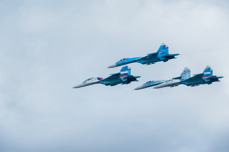Nizhniy Tagil, Russia - September 25  2013  fighters SU-27 display of fighting opportunities of equipment with application of aviation means of defeat  RAE-2013 exhibition  Russia Arms Expo-2013 のeditorial素材