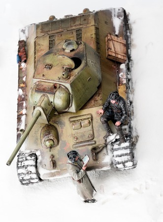 Legendary Soviet tank T-34 at war in the second world war. Diorama of winter view with officers. Top viewのeditorial素材