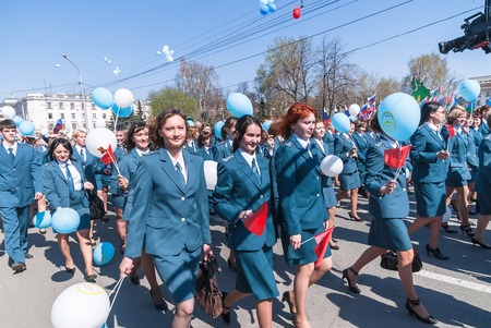 Tyumen, Russia - May 9. 2009: Parade of Victory Day in Tyumen. Staff of tax inspection goes on paradeのeditorial素材