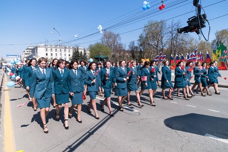 Tyumen, Russia - May 9. 2009: Parade of Victory Day in Tyumen. Staff of tax inspection goes on paradeのeditorial素材
