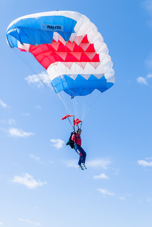 Yalutorovsk, Russia - May 24, 2008: Sport airdrome. Paratrooper girl descends and trains in landing accuracyのeditorial素材