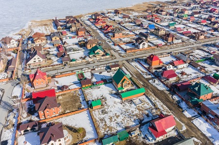 Borovskiy, Russia - April 2, 2015: Bird eye view onto suburban street (Novaya Ozernaya). Tyumen...