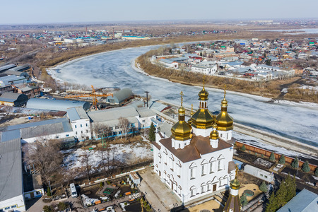 Tyumen, Russia - April 3, 2015: Aerial view on Holy Trinity Monastery (Church of Saints Peter and Paul and Holy Trinity Cathedral)のeditorial素材