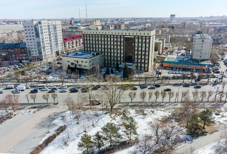 Tyumen, Russia - September 29, 2014: Aerial view on cardiological center and Melnikayte streetのeditorial素材