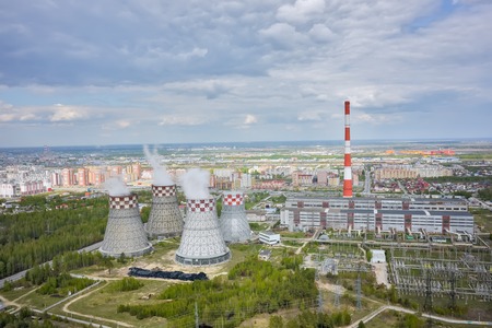 Tyumen, Russia - May 14, 2015: Aerial view on combined heat and power factory number 2 and city quartersのeditorial素材