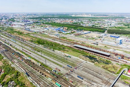 Tyumen, Russia - May 25, 2015: Aerial view on Voynovka railway node. Industrial districtの写真素材