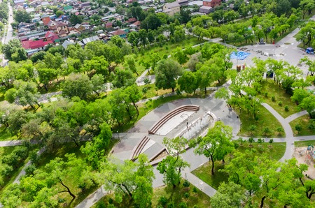 Tyumen, Russia - June 8, 2015: Aerial view onto modern fountain in Komsomolskiy parkの写真素材