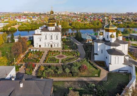Tyumen, Russia - September 17, 2015: Aerial view on Holy Trinity Monastery. Church of Saints Peter and Paul and Holy Trinity Cathedralの写真素材