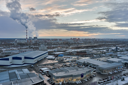 Tyumen, Russia - April 26, 2015: Aerial view on Group of car shops so called autograd. On background Voynovka railway station with residential districtのeditorial素材