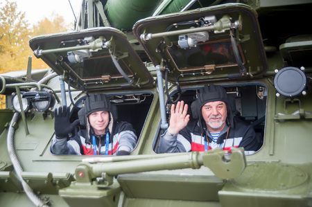 Nizhniy Tagil, Russia - September 26. 2013: Crew of Bouck M2E complex placed on wheel drive truck...