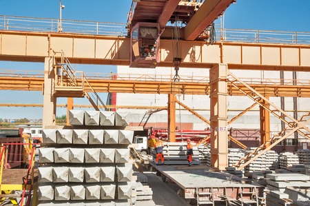 Tyumen, Russia - August 13, 2013: Finished goods warehouse at Concrete Goods Plant No. 5. Slinger...