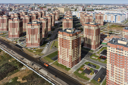 Tyumen, Russia - September 16, 2015: Bird eye view on sleeping neighborhood in Suhodolniy district...