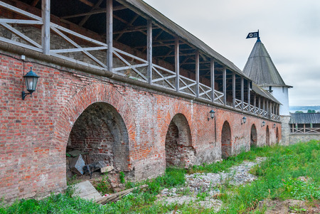 Inside view onto wall of the Kazan Kremlin on a cloudy dayの写真素材