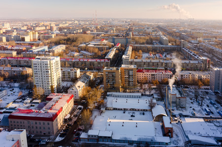 Tyumen, Russia - November 10, 2015: Aerial view on Residential district and territory with boiler on Rizhskaya streetのeditorial素材