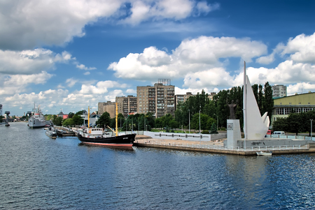 Kaliningrad, Russia - July 1, 2010: Monument to Nikolay Chudotvorets and memorable sign to pioneers of fishery fleet. Sea ships in museum of World Ocean. Part of Exhibitionのeditorial素材