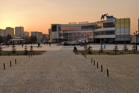 Tyumen, Russia - April 22, 2010: Twilight view onto Art Palace. Because of mistakes in design the bases hasn't been open, and now it is demolishedのeditorial素材
