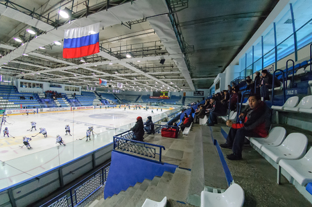Tyumen, Russia - January 27, 2007: Hockey tournament Sweet tooth-99. Game between Gazovik Tyumen and Salavat Yulaev Ufa. Audience expects beginning of hockey gameのeditorial素材