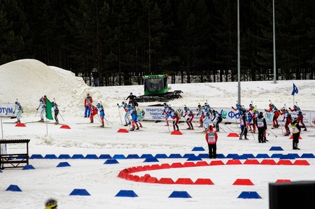 Tyumen, Russia - April 7, 2012: Biathlon the Race of Champions in the Pearl of Siberia centerのeditorial素材