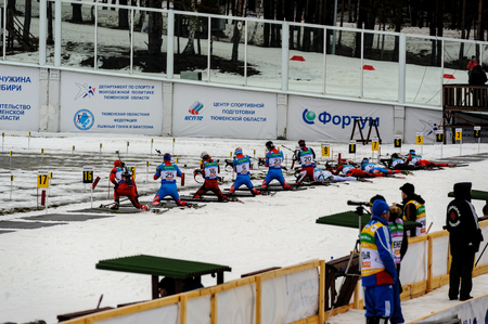 Tyumen, Russia - April 7, 2012: Biathlon the Race of Champions in the Pearl of Siberia centerのeditorial素材