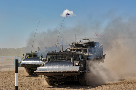 Tyumen, Russia - June 23, 2017: Army Games. Engineering Formula contest. Highest military and engineering school ground. MDK crews start drivingのeditorial素材