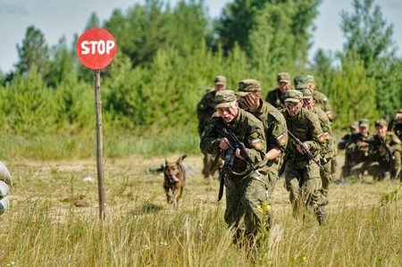 Tyumen, Russia - July 1, 2017: Race of Heroes project on the ground of the highest military and engineering school. Show of special troops warriorsのeditorial素材