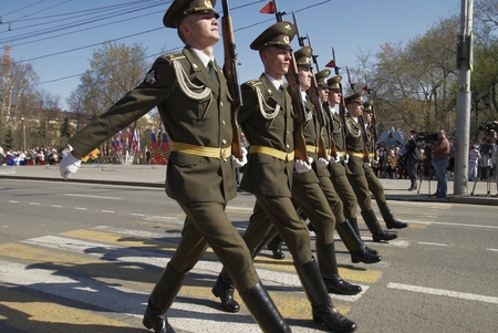 Tyumen, Russia - May 9. 2009: Parade of Victory Day in Tyumen. Soldiers of guard of honor march on...