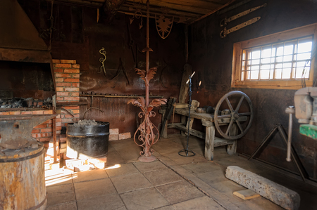 Nizhnaya Sinyachikha, Russia - September 24, 2013: Old workshop interior. Museum of wooden architecture in village. Sverdlovsk regionのeditorial素材