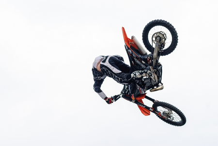 Tyumen, Russia - June 10, 2009: Red Bull X-Fighters Exhibition Tour. Freestyle Motocross. Daniel Bodin sportsman carries out a trickのeditorial素材