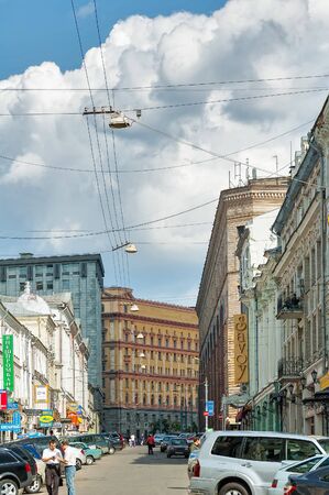 Moscow, Russia - July 5, 2005: Shops on Pushechnaya street with view on Federal Security Bureau at Lubyanka streetのeditorial素材