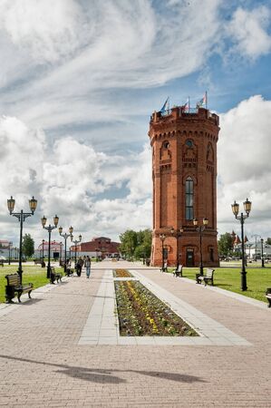 Tobolsk, Russia - July 15, 2016: Remezova Square. Historical water tower in the Upper Town near the Tobolsk Kremlin. The water tower in neo-gothic style was build in 1902.のeditorial素材