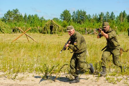 Tyumen, Russia - July 1, 2017: Race of Heroes project on the ground of the highest military and engineering school. Show of special troops warriorsのeditorial素材