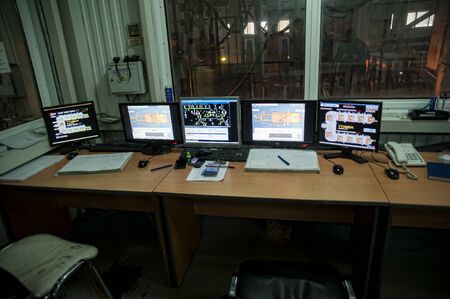 Bogandinskiy, Russia - April 20, 2018: Stekloteh factory on bottles production. Control room of furnace. Tyumen regionのeditorial素材