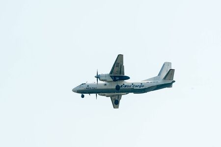 Tyumen, Russia - August 11, 2012: On a visit at UTair airshow in heliport Plehanovo. Flying AN-26B...