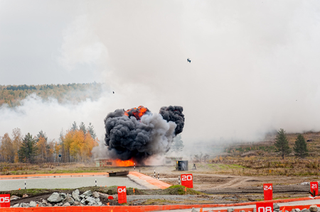 Display of fighting opportunities of military equipment of land forces. Thermite bomb explosion released by Solncepek TOS-1A launcher. RAE-2013 exhibitionの写真素材