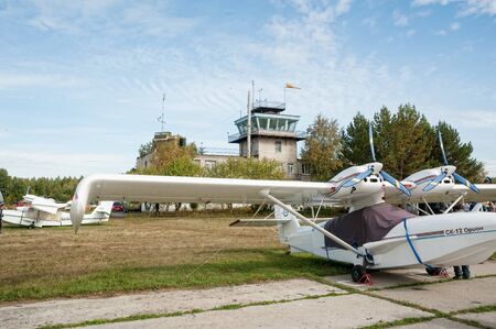 Yalutorovsk, Russia - September 14, 2013: Orion SK-12 small airplane standing in sport aerodromeのeditorial素材