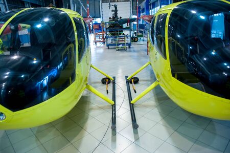 Tyumen, Russia - June 5, 2019: Aircraft repair helicopter UTair Engineering plant. Robinson R44...